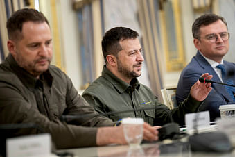 Ukraine's Head of the Office of the President Andriy Yermak, left, and Ukraine's Foreign Minister Dmytro Kuleba, right, listen as Ukraine's President Volodymyr Zelenskyy meets with U.S. Secretary of State Antony Blinken in Kyiv, Ukraine, Wednesday, Sept. 6, 2023