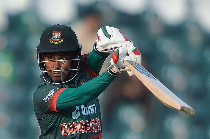 Bangladesh's Mehidy Hasan Miraz plays a shot during the Asia Cup 2023 match between Bangladesh and Afghanistan at the Gaddafi Stadium in Lahore on 3 September 2023