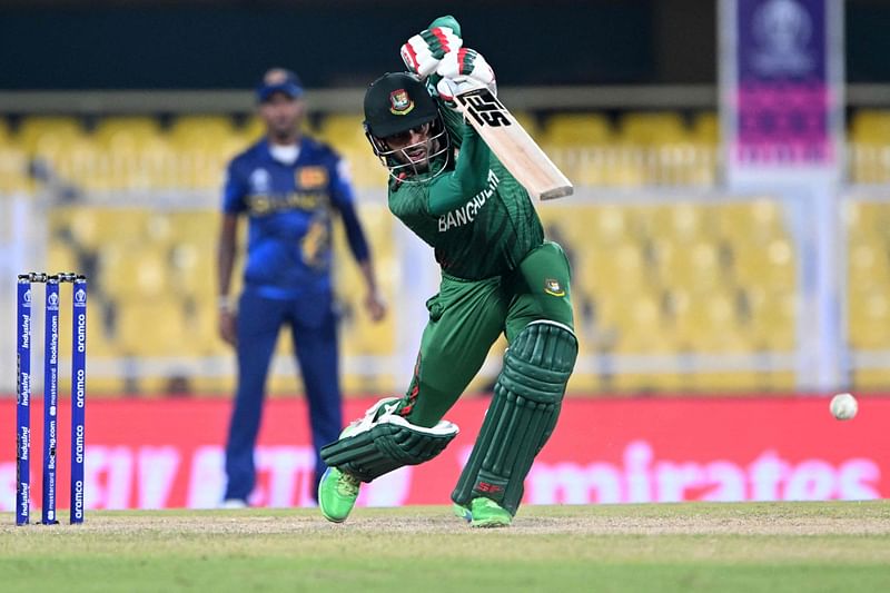 Bangladesh’s Mehidy Hasan Miraz plays a shot during a warm-up match between Bangladesh and Sri Lanka ahead of the ICC Men’s Cricket World Cup, at the Assam Cricket Association Stadium in Guwahati on September 29, 2023.