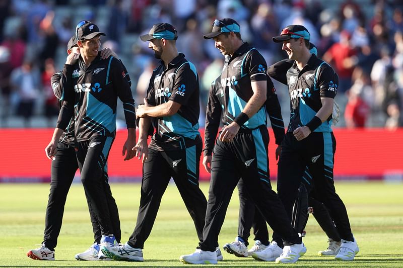 New Zealand players celebrate their win on the field after the third T20 international cricket match between England and New Zealand at Edgbaston, in Birmingham, central England, on 3 September, 2023