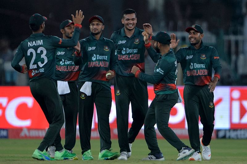 Bangladesh's players celebrate after winning the Asia Cup 2023 one-day international (ODI) cricket match between Bangladesh and Afghanistan at the Gaddafi Stadium in Lahore on 3 September, 2023