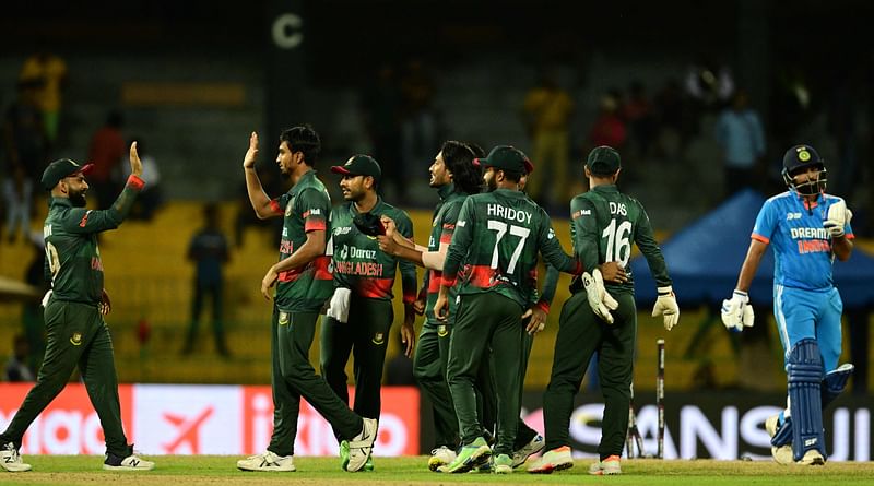 Bangladesh's players celebrates after their victory over India in the Asia Cup 2023 Super 4 match between India and Bangladesh at the R. Premadasa Stadium in Colombo on 15 September 2023