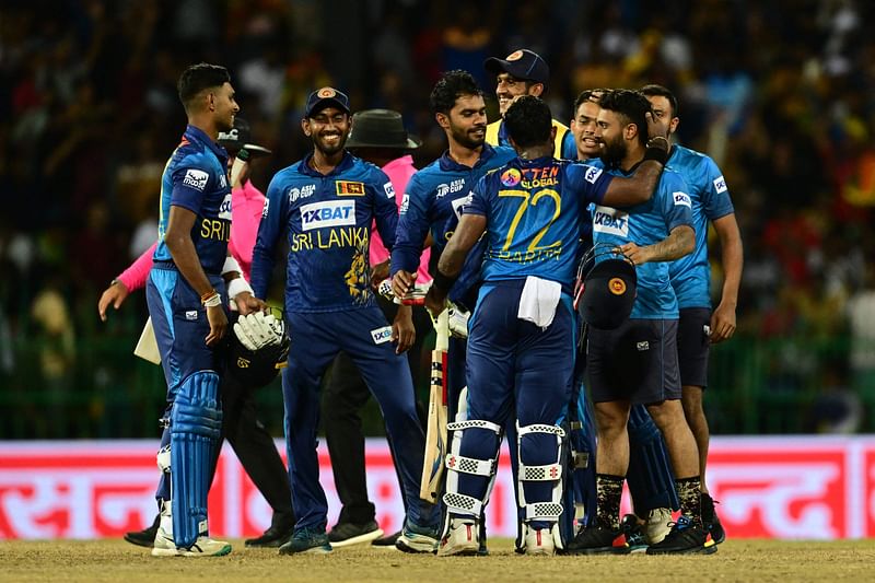 Sri Lanka's players celebrates after Sri Lanka won by 2 wickets during the Asia Cup 2023 Super Four one-day international (ODI) cricket match between Sri Lanka and Pakistan at the R. Premadasa Stadium in Colombo early 15 September, 2023