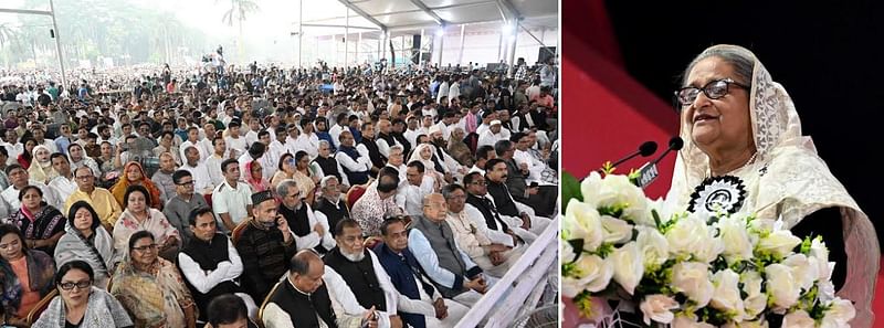 Prime minister Sheikh Hasina addresses a student rally organised by the Bangladesh Chhatra League (BCL) at the historic Suhrawardy Udyan on 1 September