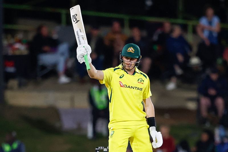 Australia's Marnus Labuschagne celebrates after scoring a half-century during the first ODI between South Africa and Australia at the Mangaung Oval in Bloemfontein on 7 September 2023