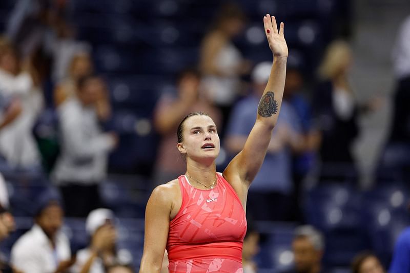 Aryna Sabalenka of Belarus celebrates match point against Madison Keys of the United States during their Women's Singles Semifinal on Day Eleven of the 2023 US Open at the USTA Billie Jean King National Tennis Center on 7 September 2023 in the Flushing neighborhood of the Queens borough of New York City