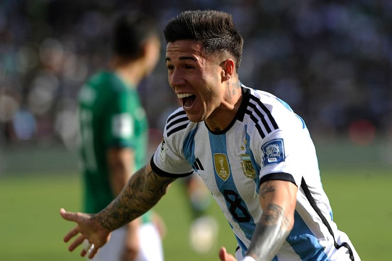 Argentina's midfielder Enzo Fernandez celebrates after scoring his team's first goal during the 2026 FIFA World Cup South American qualifiers match between Bolivia and Argentina, at the Hernando Siles stadium in La Paz on 12 September 2023