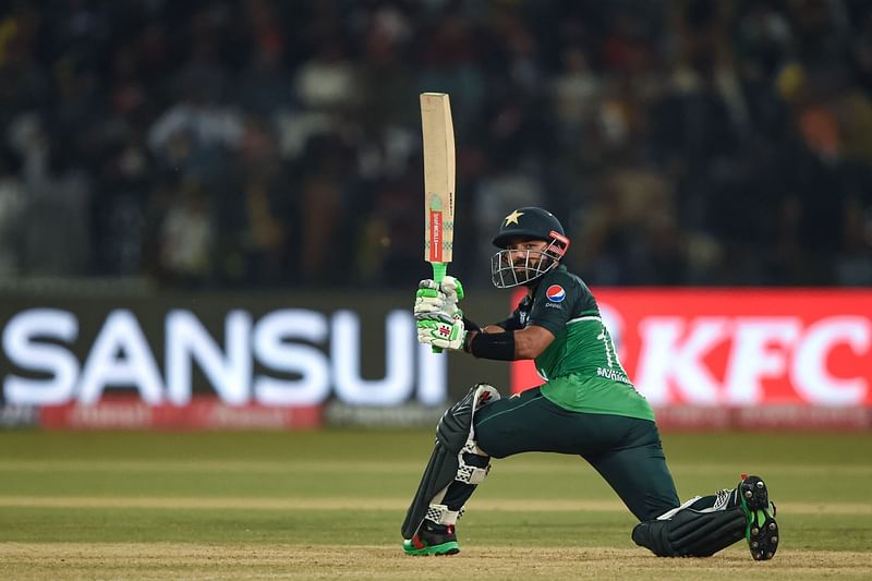 Pakistan's Mohammad Rizwan plays a shot during the Asia Cup 2023 match between Pakistan and Bangladesh at the Gaddafi Stadium in Lahore on 6 September 2023