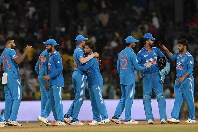 India's team celebrates the win against Sri Lanka at the end of the Asia Cup 2023 Super Four one-day international (ODI) cricket match between India and Sri Lanka at the R. Premadasa Stadium in Colombo on 12 September, 2023