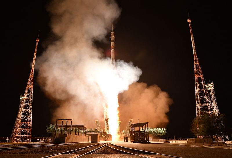 The Soyuz MS-24 spacecraft carrying the International Space Station (ISS) Expedition 70-71 crew of US NASA astronaut Loral O’Hara and Russian Roscosmos cosmonauts Oleg Kononenko and Nikolai Chub blasts off to the ISS from the Moscow-leased Baikonur cosmodrome in Kazakhstan on 15 September, 2023