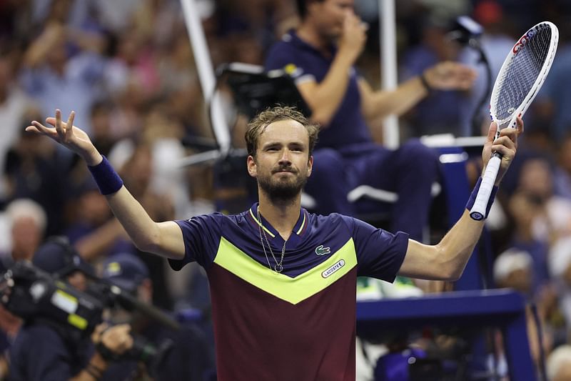 Daniil Medvedev of Russia celebrates after defeating Carlos Alcaraz of Spain during their Men's Singles Semifinal match on Day Twelve of the 2023 US Open at the USTA Billie Jean King National Tennis Center on 8 September, 2023