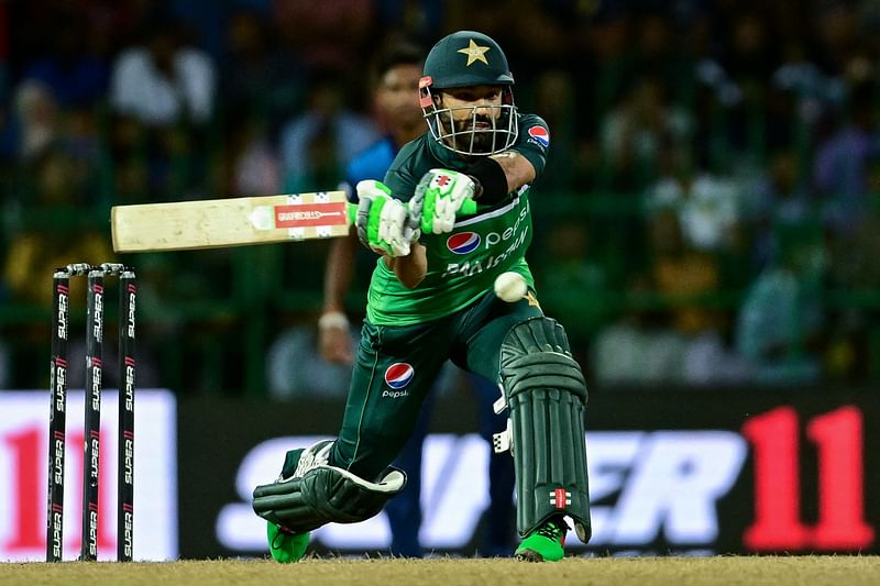 Pakistan's Mohammad Rizwan plays a shot during the Asia Cup 2023 Super Four one-day international (ODI) cricket match between Sri Lanka and Pakistan at the R. Premadasa Stadium in Colombo on 14 September, 2023