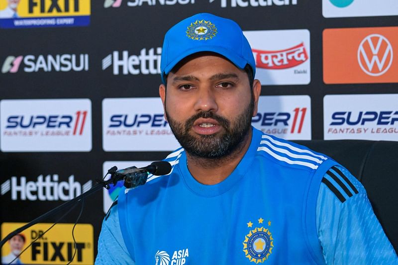 India's captain Rohit Sharma speaks during a press conference at the Pallekele International Cricket Stadium in Kandy on September 1, 2023, on the eve of their Asia Cup cricket match against Pakistan