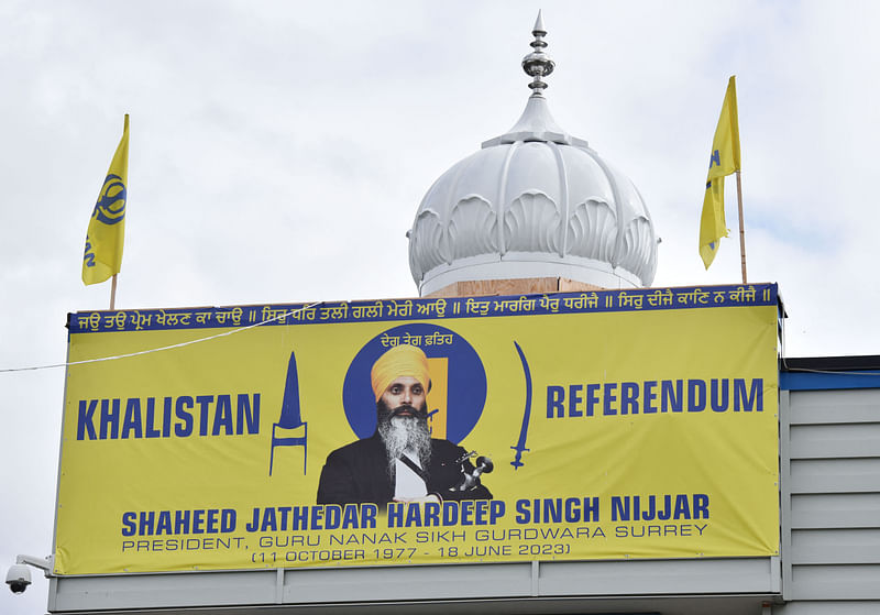 An image of former Gurdwara President Jathedar Hardeep Singh Nijjar is displayed at the Guru Nanak Sikh Gurdwara temple in Surrey, British Columbia, Canada, on September 19, 2023