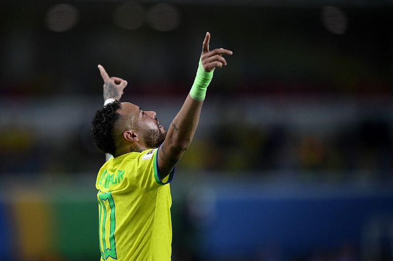 Brazil's forward Neymar celebrates after scoring a goal during the 2026 FIFA World Cup South American qualifiers football match between Brazil and Bolivia at the Jornalista Edgar Proença 'Mangueirao' stadium, in Belem, state of Para, Brazil, on 8 September, 2023