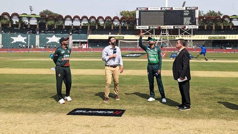 Bangladesh captain Shakib Al Hasan and Pakistan captain Babar Azam during the toss ahead of their Super 4 match of the 2023 Asia Cup at the Gaddafi Stadium in Lahore, Pakistan on 6 September 2023