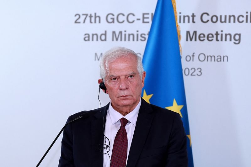 EU High Representative for Foreign Affairs and Security Policy Josep Borrell answers a question during a press conference at 27th Joint Gulf Cooperation Council (GCC)-European Union (EU) Ministerial Council in Muscat on 10 October, 2023