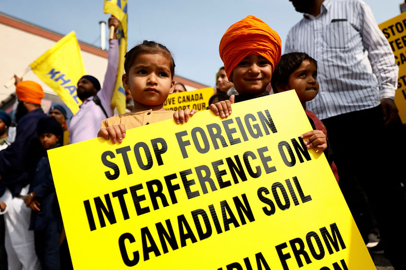 Demonstrators gather across from the High Commission of India in Ottawa, Ontario, Canada September 25, 2023