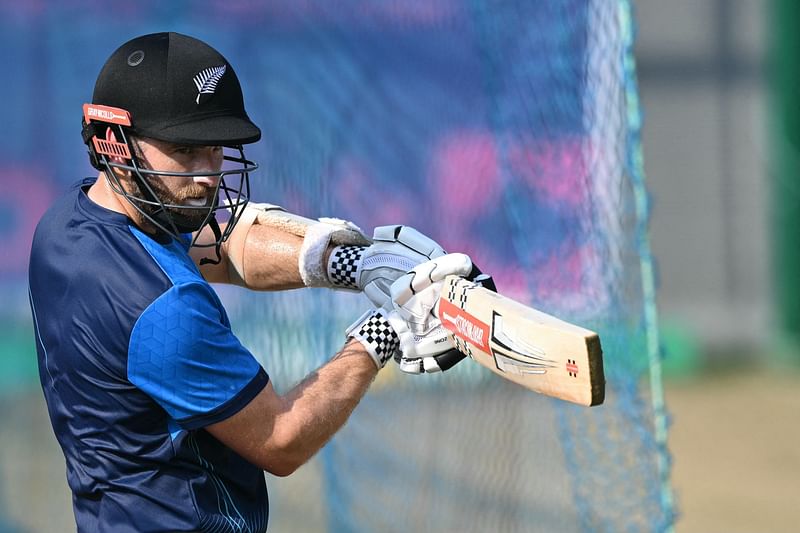 New Zealand’s Kane Williamson bats at the nets during a practice session at the MA Chidambaram Stadium in Chennai on 12 October, 2023,