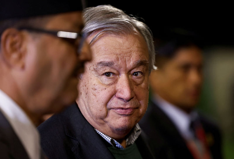 United Nations Secretary-General Antonio Guterres speaks with Nepal's Minister of Foreign Afairs Narayan Prakash Saud also known as N.P. Saud upon his arrival at the Tribhuvan International Airport in Kathmandu, Nepal on 29 October 2023.