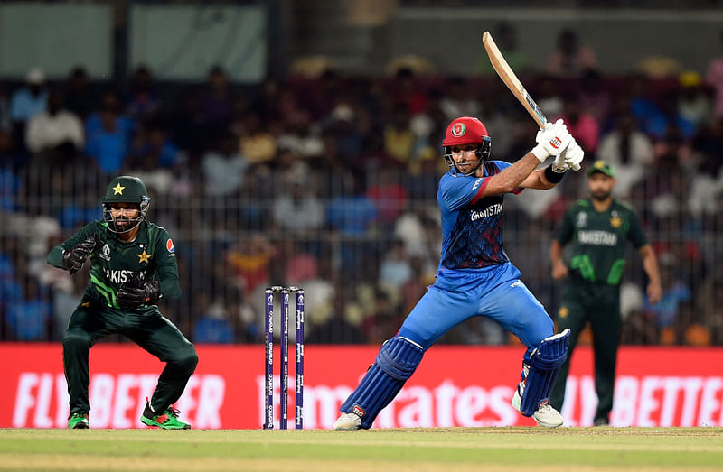 Afghanistan's Rahmat Shah in action against Pakistan in MA Chidambaram Stadium, Chennai, India