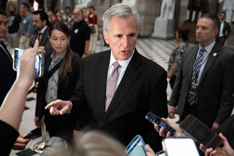 US House Speaker Kevin McCarthy (R-CA) speaks to members of the media in Statuary Hall at the US Capitol in Washington, DC, on October 2, 2023