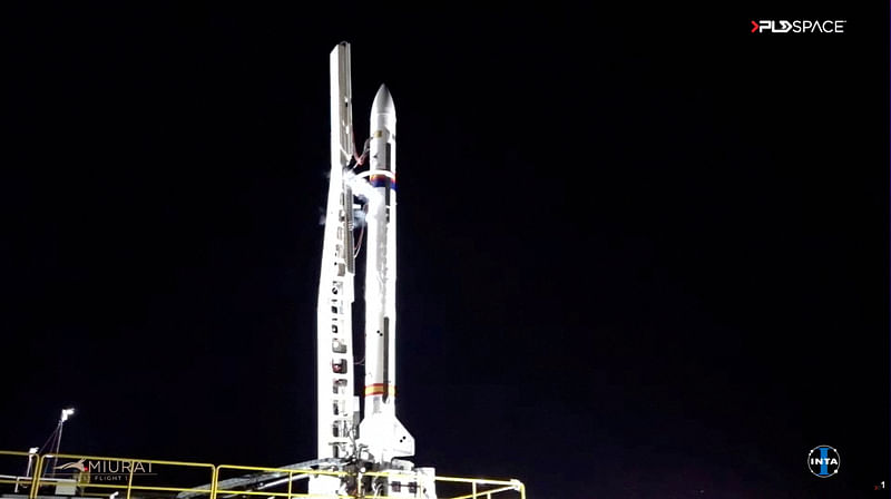 Spanish startup PLD Space's first suborbital reusable "Miura 1" rocket is seen on the day of a test launch, at El Arenosillo military facility in Huelva, Spain, 17 June, 2023