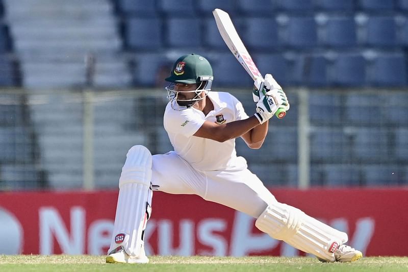 Bangladesh’s Najmul Hossain Shanto plays a shot during the third day of the first Test cricket match between Bangladesh and New Zealand at the Sylhet International Cricket Stadium in Sylhet on 30 November, 2023