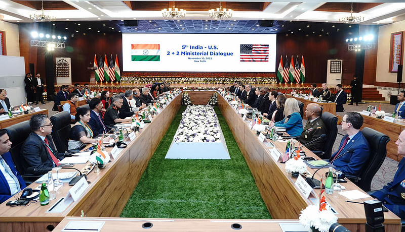 Indian Defence Minister Rajnath Singh with External Affairs Minister S Jaishankar, US Secretary of State Antony Blinken and Secretary of Defense Lloyd Austin during the 5th India-US 2+2 Ministerial Dialogue, in New Delhi on 10 November in 2023