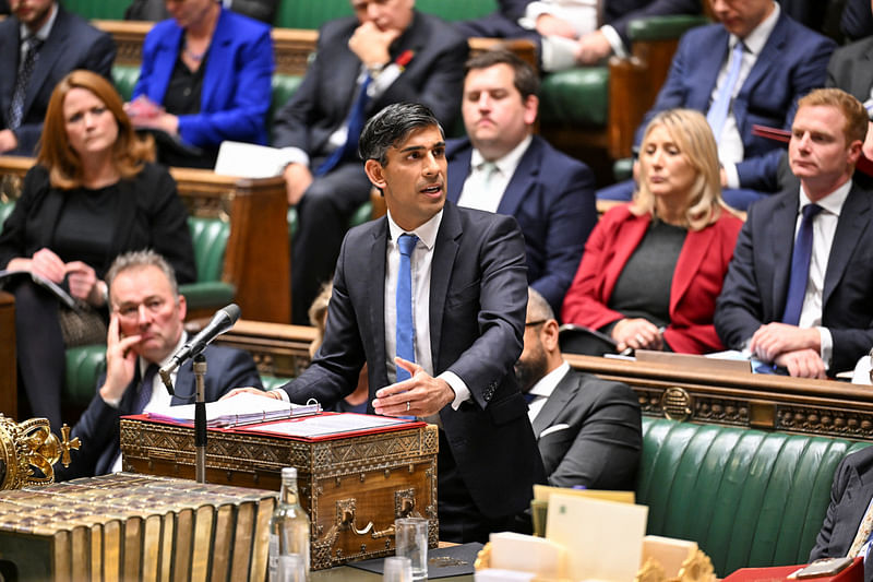 Britain's Prime Minister Rishi Sunak delivers a speech during Ministerial Statement on Israel and Gaza situation, at the House of Commons in London, Britain October 23, 2023