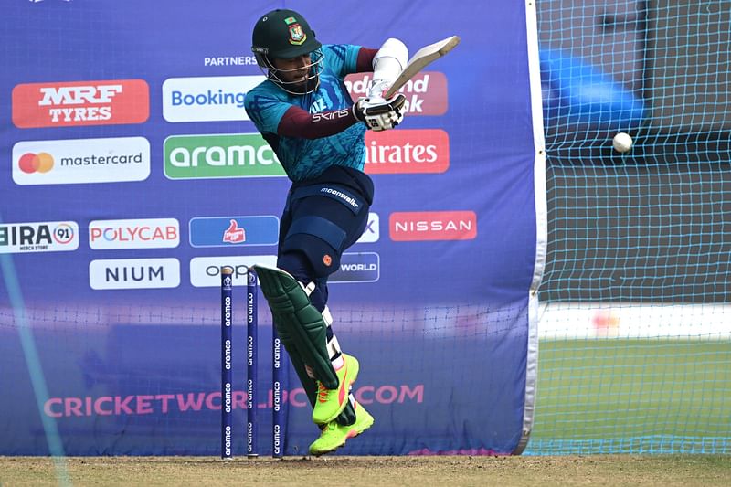 Bangladesh's Mushfiqur Rahim attends a practice session at the Maharashtra Cricket Association Stadium in Pune on 10 November, 2023, on the eve of their 2023 ICC Men's Cricket World Cup one-day international (ODI) match against Australia