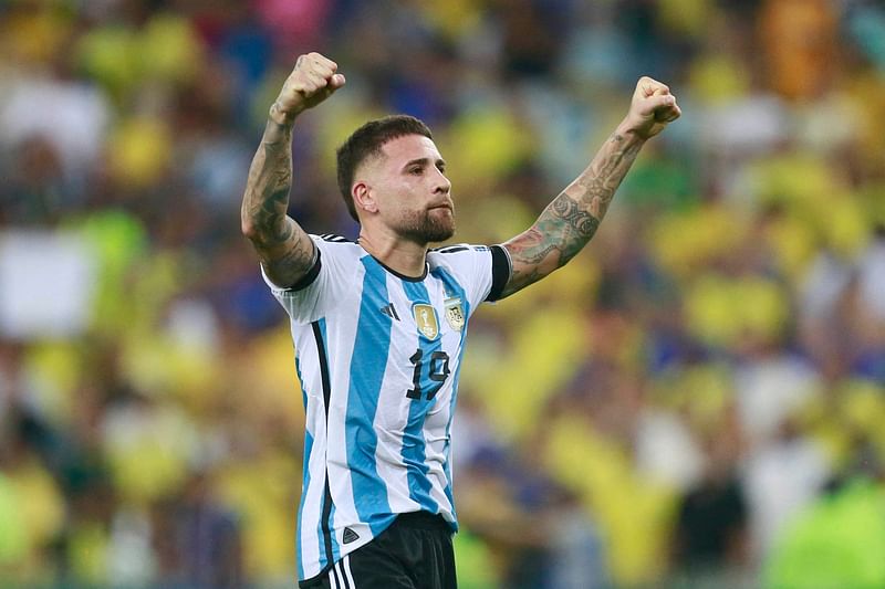 Argentina's defender Nicolas Otamendi celebrates at the end of the 2026 FIFA World Cup South American qualification football match between Brazil and Argentina at Maracana Stadium in Rio de Janeiro, Brazil, on 21 November, 2023