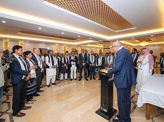 Ambassador of Palestine to Bangladesh, Yousef Ramadan, addresses the inauguration of the exhibition