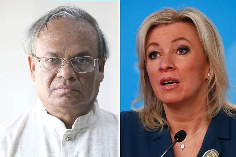 BNP senior joint secretary general Ruhul Kabir Rizvi (L) and Russian foreign ministry spokesperson Maria Zakharova