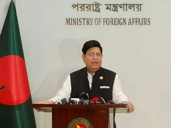 Foreign minister AK Abdul Momen talks to the newsmen at the foreign ministry on 27 November in 2023