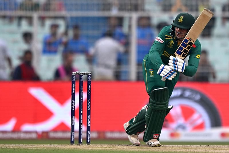 South Africa's Quinton de Kock plays a shot during the 2023 ICC Men's Cricket World Cup one-day international (ODI) second semi-final match between Australia and South Africa at the Eden Gardens in Kolkata on 16 November 2023.