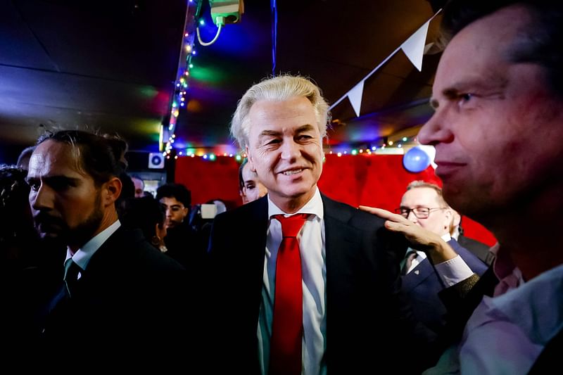 PVV leader Geert Wilders reacts to the results of the House of Representatives elections in Scheveningen, the Netherlands, on 22 November 2023