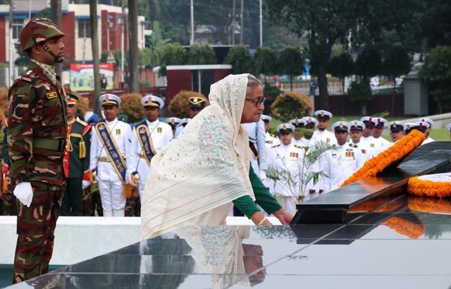 Prime minister Sheikh Hasina pays tribute to the martyrs of the Bangladesh Armed Forces on the occasion of the Armed Forces Day-2023 at the Shikha Anirban (flame eternal) in Dhaka Cantonment on 21 November 2023