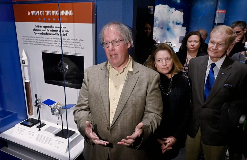 Tim McCoy, curator of meteorites at the National Museum of Natural History, speaks as a sample of Asteroid Bennu is put on public display for the first time at the Museum of Natural History in Washington, DC, on 3 November, 2023