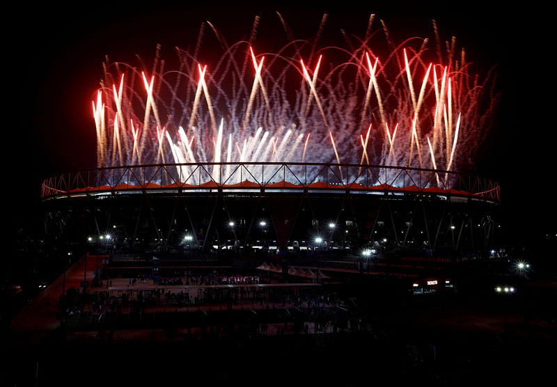 Fireworks are seen above the stadium after Australia won the the ICC Cricket World Cup