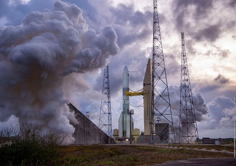 This handout photograph taken and released by ArianeGroup on 23 November, 2023, shows smoke during a Ariane 6 rocket test run at the Guyanese Space Centre in Kourou, French Guiana