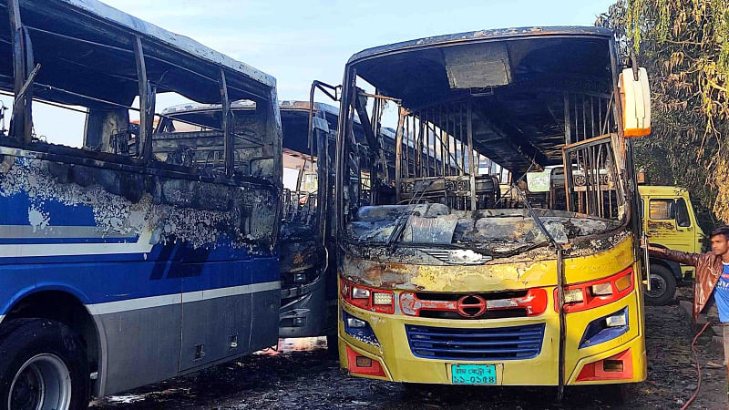 Miscreants set fire to three buses that were parked at a filling station in Mohishbhanga of Borigram, Natore on 27 November 2023.