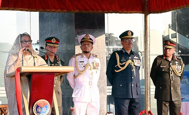 Prime Minister Sheikh Hasina addresses the Armed Forces Day-2023 Reception at Senakunja at Dhaka Cantonment on 21 November in 2023