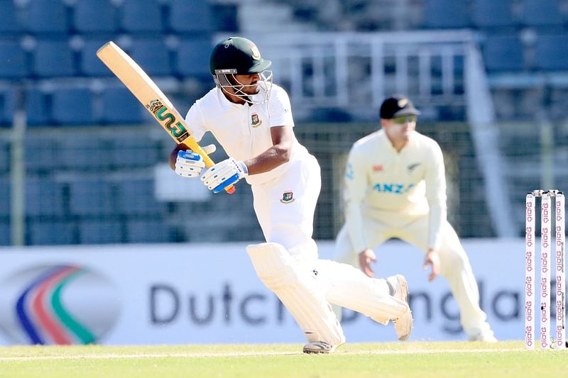 Bangladesh batter Mahmudul Hasan plays a shot during the first day of their first match of the two-Test series at the Sylhet International Cricket Stadium on Tuesday.