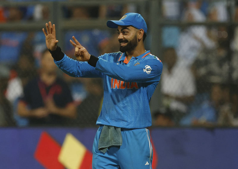 India’s Virat Kohli celebrates after the wicket of New Zealand’s Time Southee, caught out by KL Rahul off the bowling of Mohammed Shami during the ICC Cricket World Cup 2023 Semi-Final match at Wankhede Stadium, Mumbai, India on 15 November, 2023