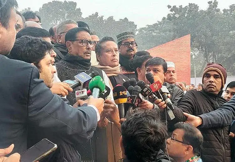 Awami League General Secretary and Roads and Bridges Minister Obaidul Quader talks to the media at Mirpur Martyred Intellectuals Memorial, Mirpur, Dhaka, on 14 December in 2023