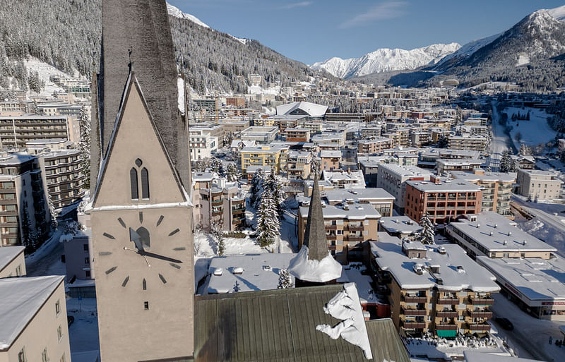 Overview of the town of Davos with the St. Johann church ahead of the annual meeting of the World Economic Forum (WEF), Switzerland, on 7 December, 2023