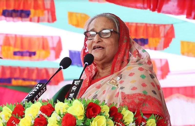 AL president Sheikh Hasina addressing a grand election rally at Govt Sheikh Mujibur Rahman College ground at Tungipara on Saturday morning.