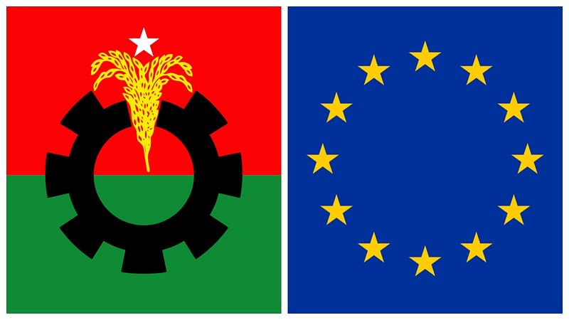 Flags of BNP and European Union (EU).