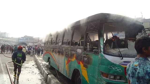 The Raida Paribahan coach caught fire at Jurain of Dhaka around 2:40 pm on 24 December, 2023